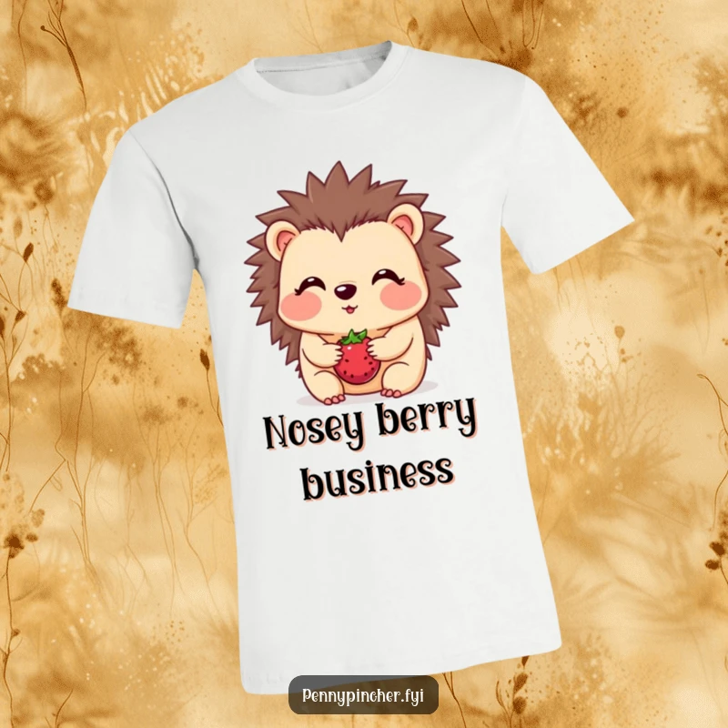 Funny hedgehog t-shirt, a blushing character trying to balance one berry on its snout, cute and humorous.