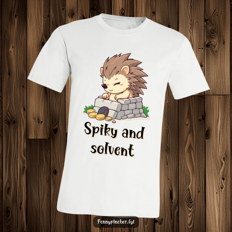 Funny determined hedgehog character constructing a small but mighty coin fortress, symbolizing financial strategy on this tee.
