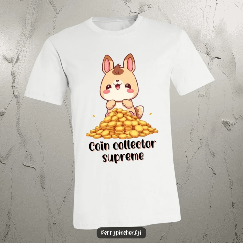 Funny hoarding animal t-shirt, smugly guarding a mountain of coins, celebrating a humorous love for riches.
