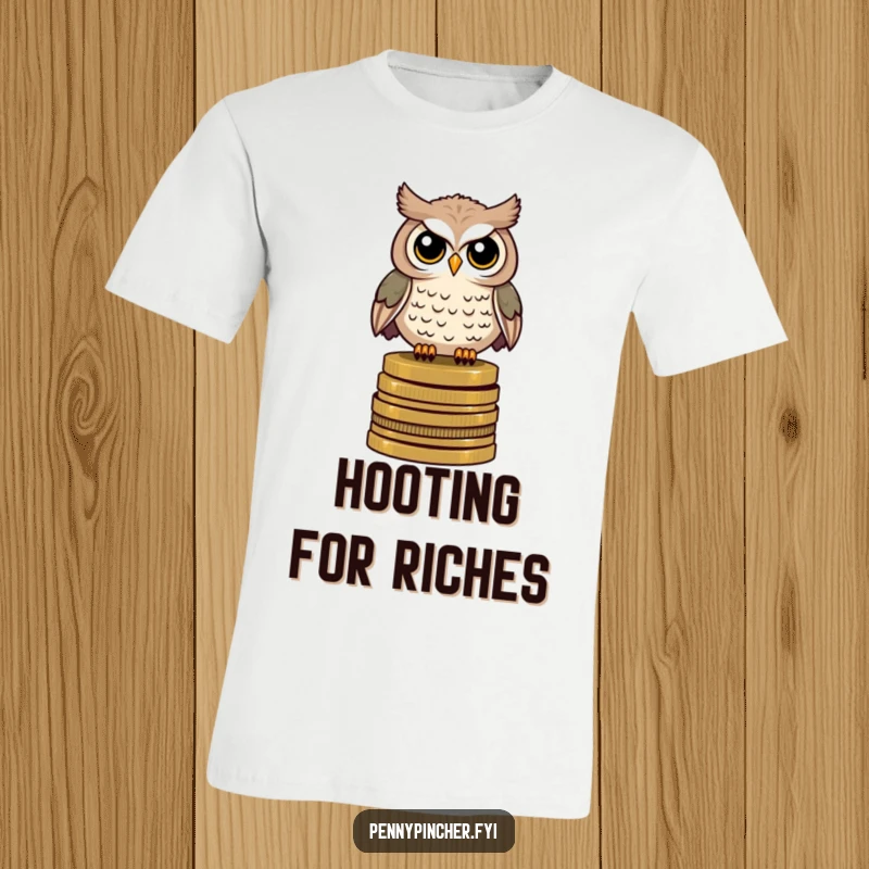 Funny t-shirt depicting a watchful owl perched on a pile of antique coins, representing knowledge and wealth.