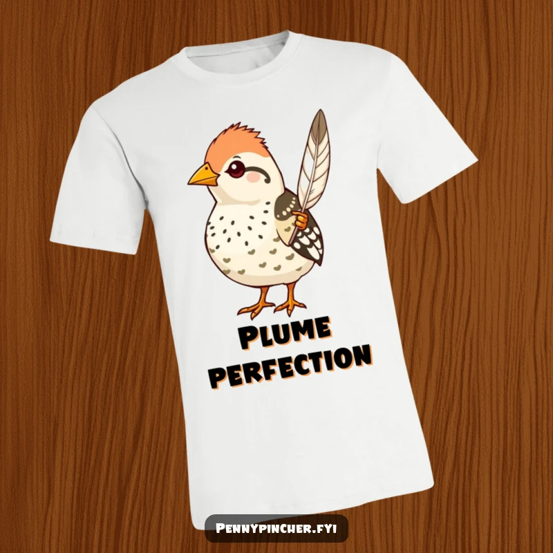 Funny quail t-shirt, a proud character showing off a single perfect feather, stylish and humorous apparel.