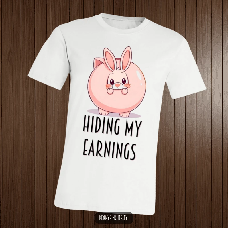 Funny shy rabbit character peeking out from behind a huge piggy bank, conveying introversion and saving on this tee.