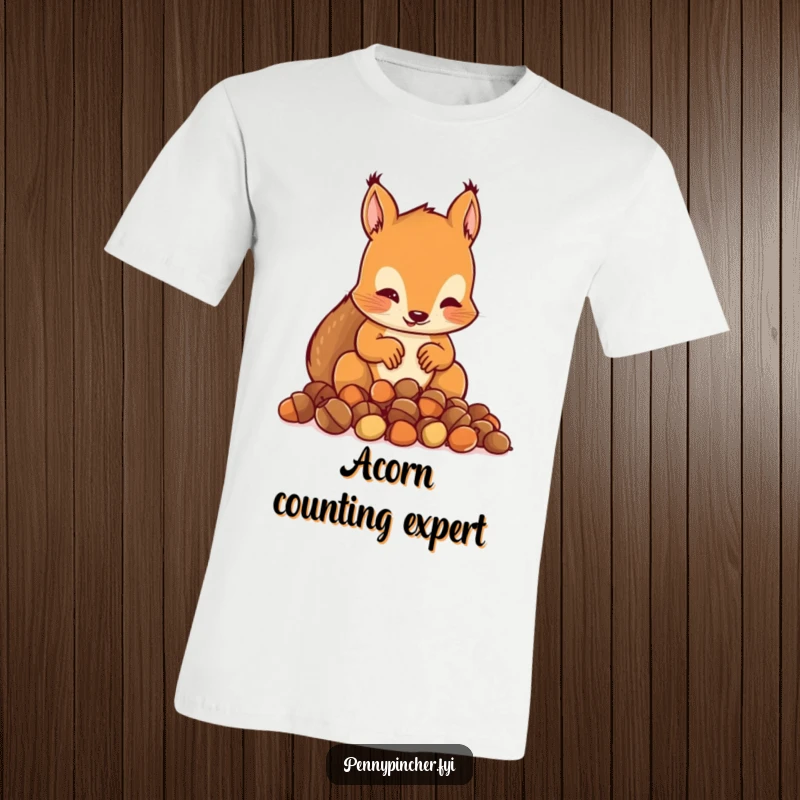 Funny t-shirt with a squirrel character meticulously counting a small pile of acorns, looking very focused.