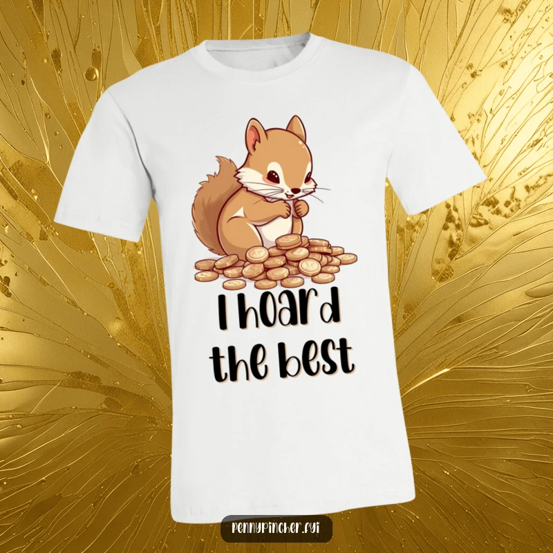 Funny T-Shirt depicting a determined squirrel diligently counting a mound of shiny pennies.
