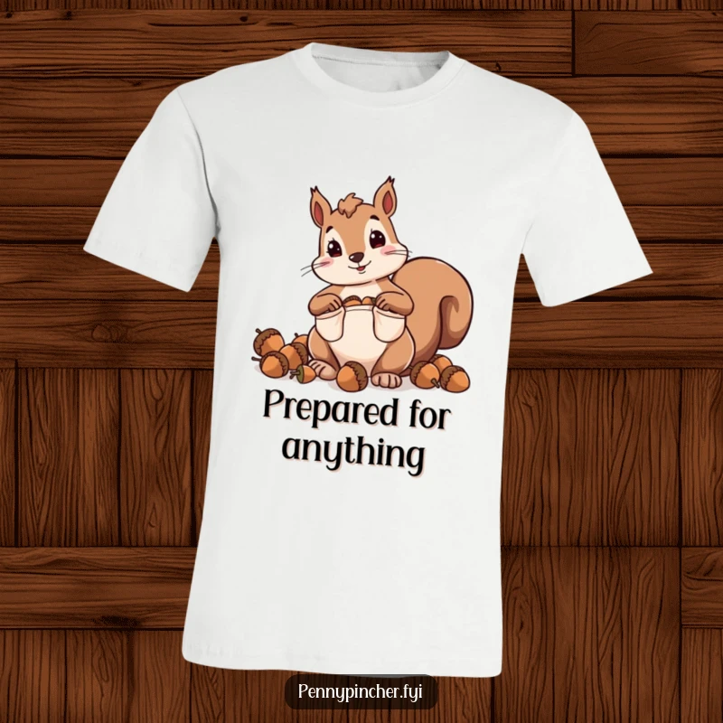Funny t-shirt depicting a squirrel character hoarding acorns with comically oversized pockets, ready for winter.