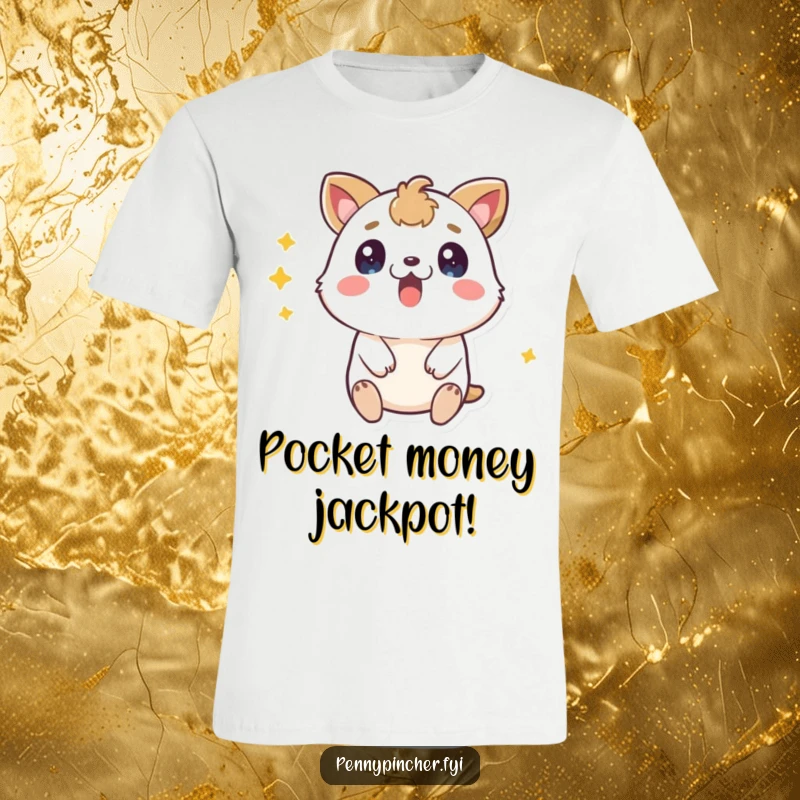 Funny surprised animal t-shirt, eyes popping out, holding a shiny coin with pure astonishment, a humorous clothing item.