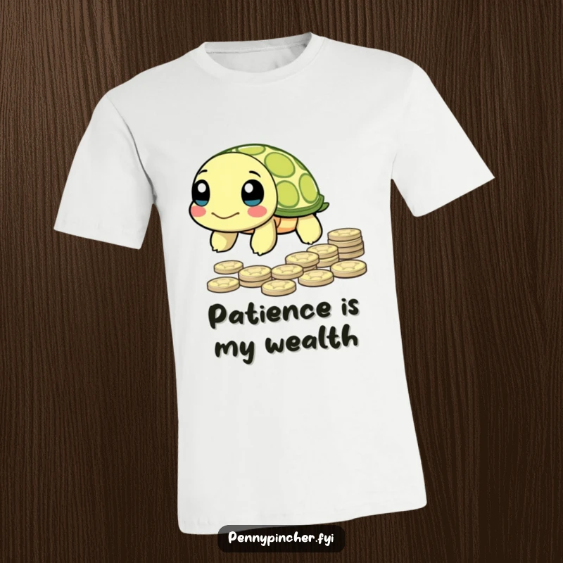 Funny T-Shirt showing a patient turtle character slowly approaching a stack of pennies, representing perseverance and humor.