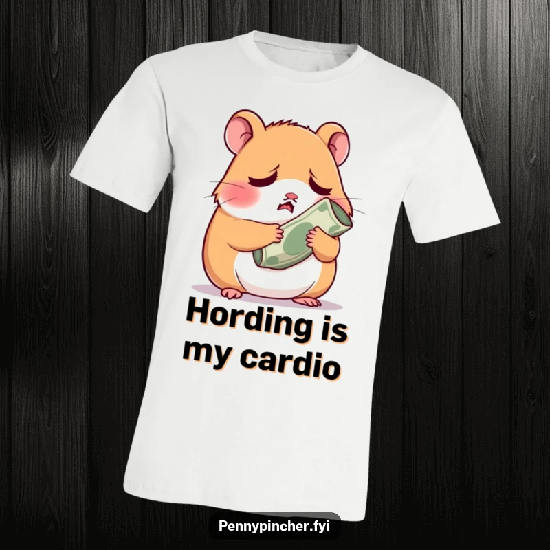 Funny worried hamster character tightly gripping a tiny rolled-up bill, showcasing financial anxiety on this humorous tee.