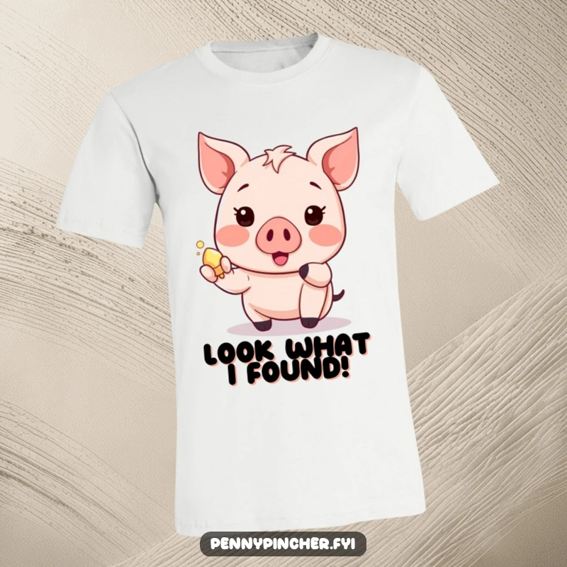 Funny piglet t-shirt with a happy Kawaii character excitedly presenting a small, shiny object, full of delight.