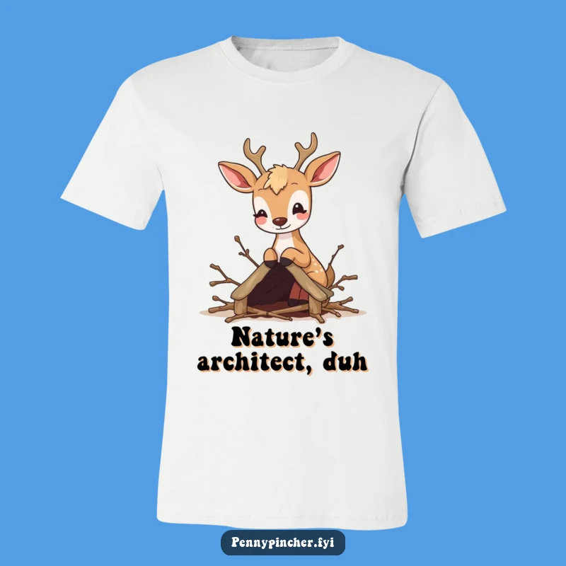 Funny Deer Crafter T-Shirt: Cute woodland creature building twig shelter, funny gift for nature lovers.