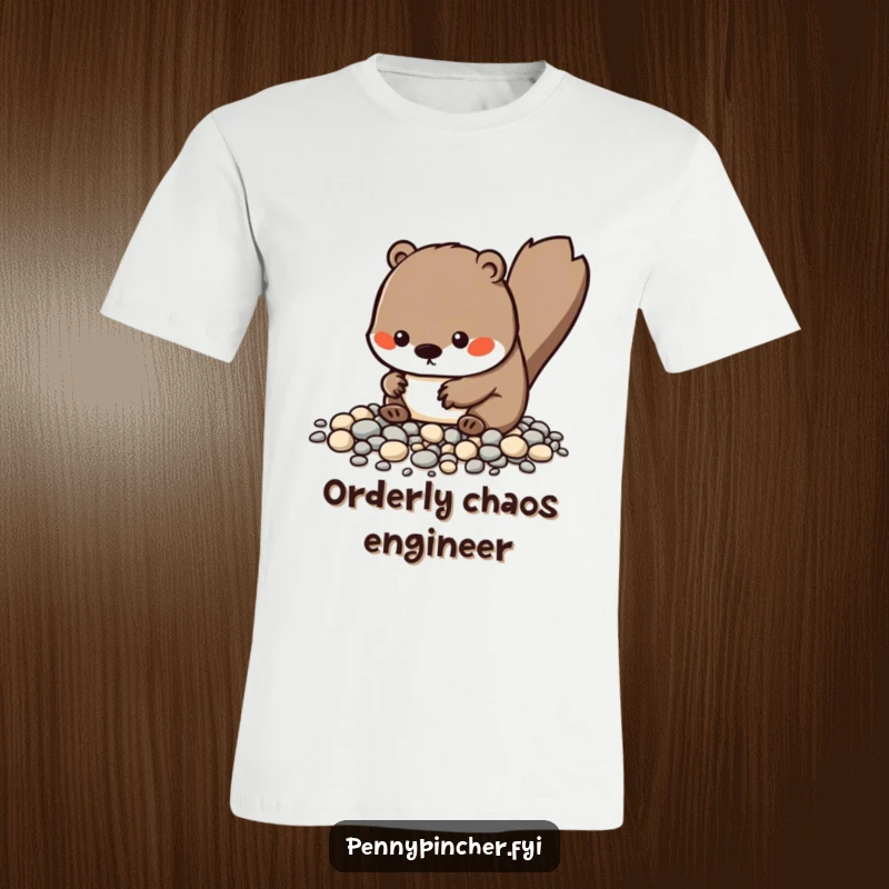 Funny Kawaii beaver t-shirt featuring a character meticulously organizing small pebbles with a focused expression, perfect for the detail-oriented.