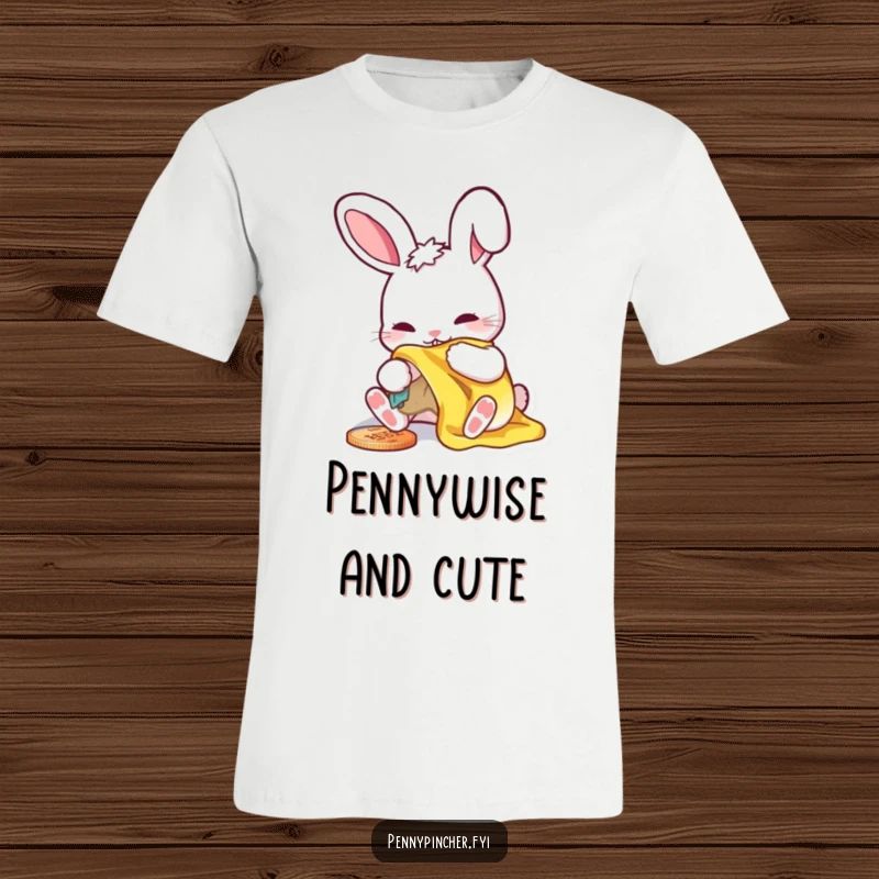 Funny T-shirt featuring a rabbit meticulously polishing a shiny penny with a cloth, highlighting thriftiness.