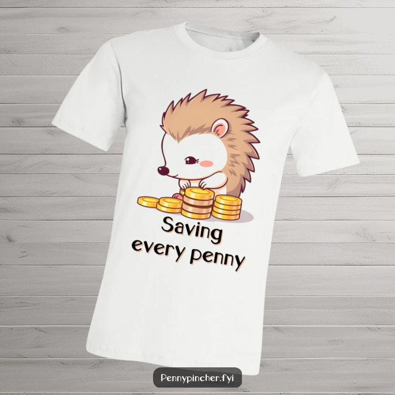 Funny t-shirt with a thrifty hedgehog carefully organizing a neat row of shimmering coins, highlighting meticulous saving habits.
