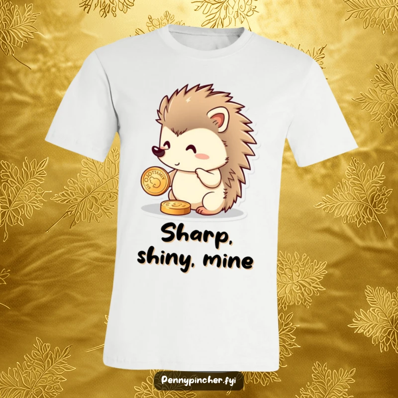 Funny hedgehog t-shirt with a proud hedgehog character meticulously polishing a shiny coin, symbolizing careful wealth management and humor.
