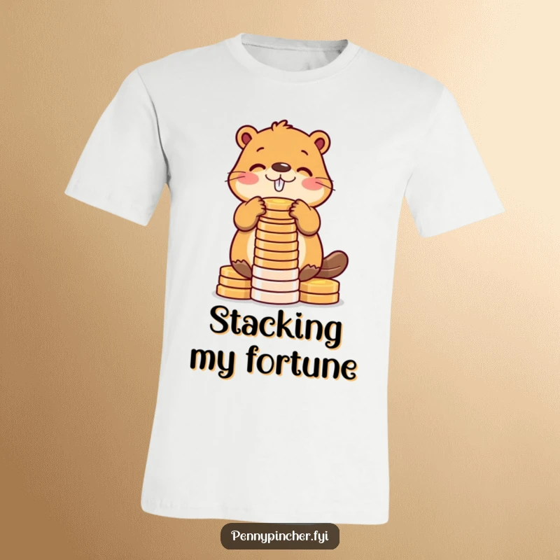 Funny beaver t-shirt featuring a diligent beaver character stacking shiny coins into a tall tower, symbolizing ambition and humor.