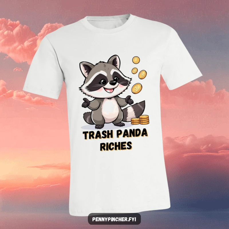 Funny Raccoon T-Shirt: A grinning raccoon character skillfully juggling multiple shiny pennies with impressive dexterity.