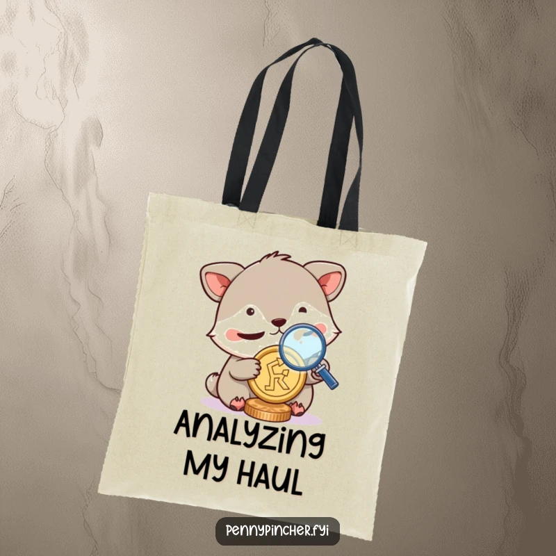 Funny tote bag, animal character squinting with a magnifying glass over a coin, symbolizing deep inspection and analytical thought humorously.