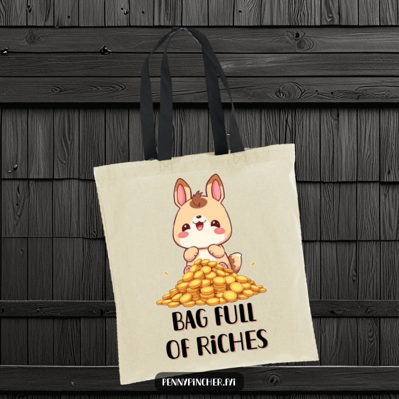 Funny hoarding animal tote bag, happily guarding a pile of coins, a humorous and practical accessory for collectors.