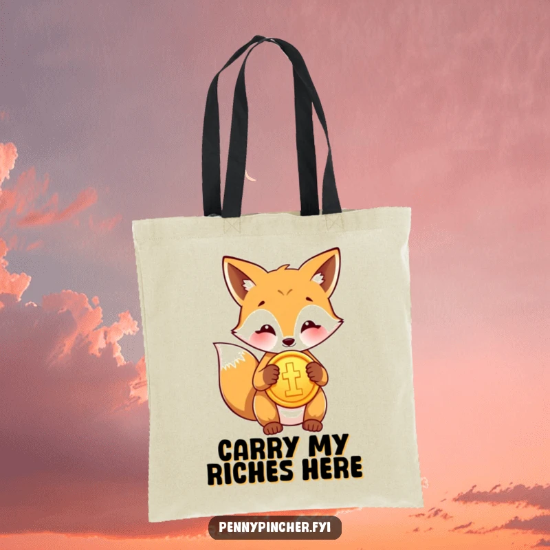 Funny tote bag featuring a proud fox character polishing a shiny gold coin, ready for a day of fetching.