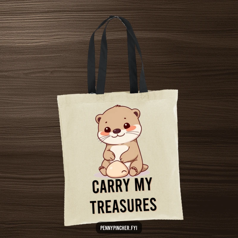 Funny otter tote bag, a cheerful character playing with a small pebble, humorous and stylish for everyday use.