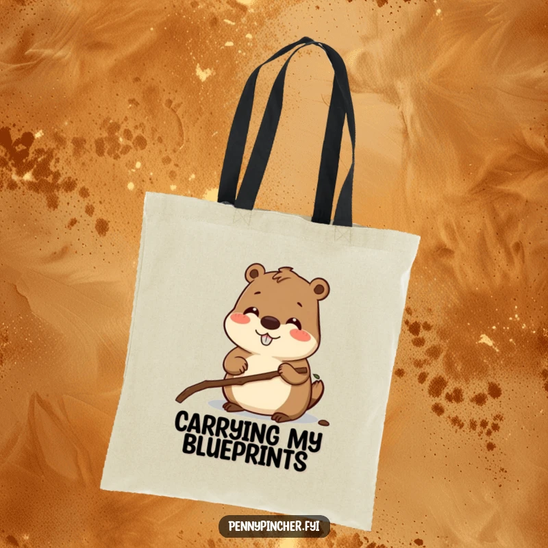 Funny tote bag showcasing a smiling beaver character carefully measuring a twig, symbolizing precision and a love for building.