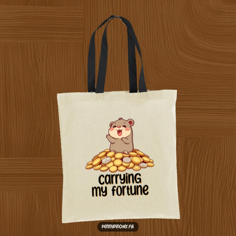 Funny tote bag illustration of a cheerful mole surfacing from a mound of sparkling coins, symbolizing joy and financial success.