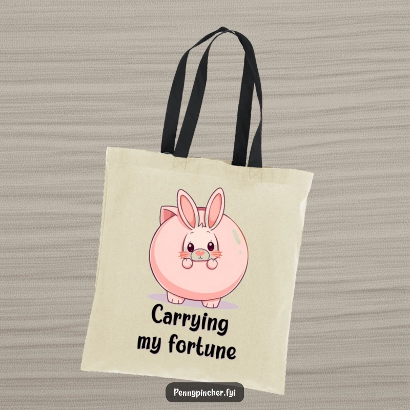 Funny shy rabbit peeking from behind a giant piggy bank, a humorous tote for essential items.