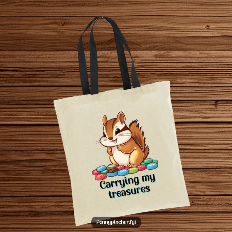 Funny chipmunk tote bag, carrying a precious collection of colorful bottle caps, a symbol of diligent gathering and organization.
