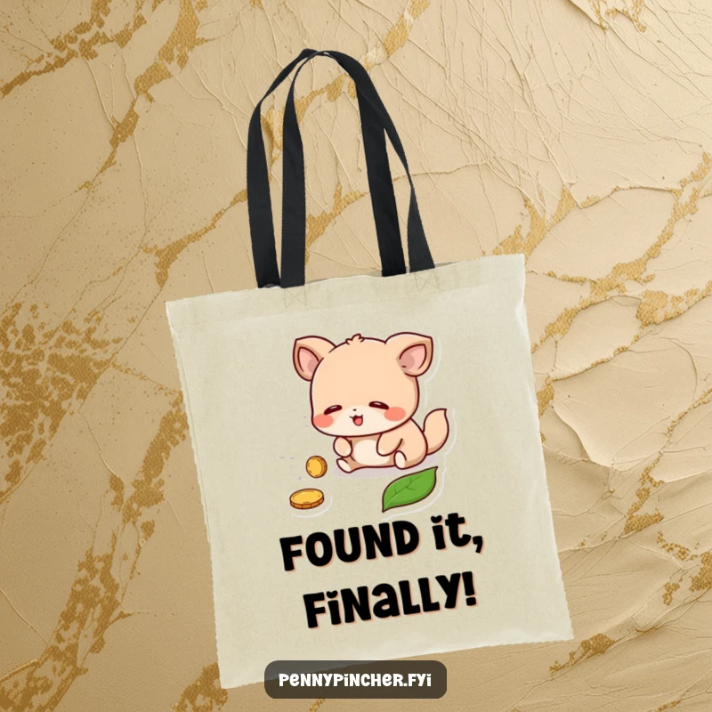 Funny Tote Bag: An animal mascot showing immense relief upon locating a lost coin beneath a textured leaf.