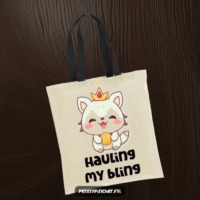 Funny beaming animal character wearing a coin as jewelry, printed on a durable tote bag for stylish outings.