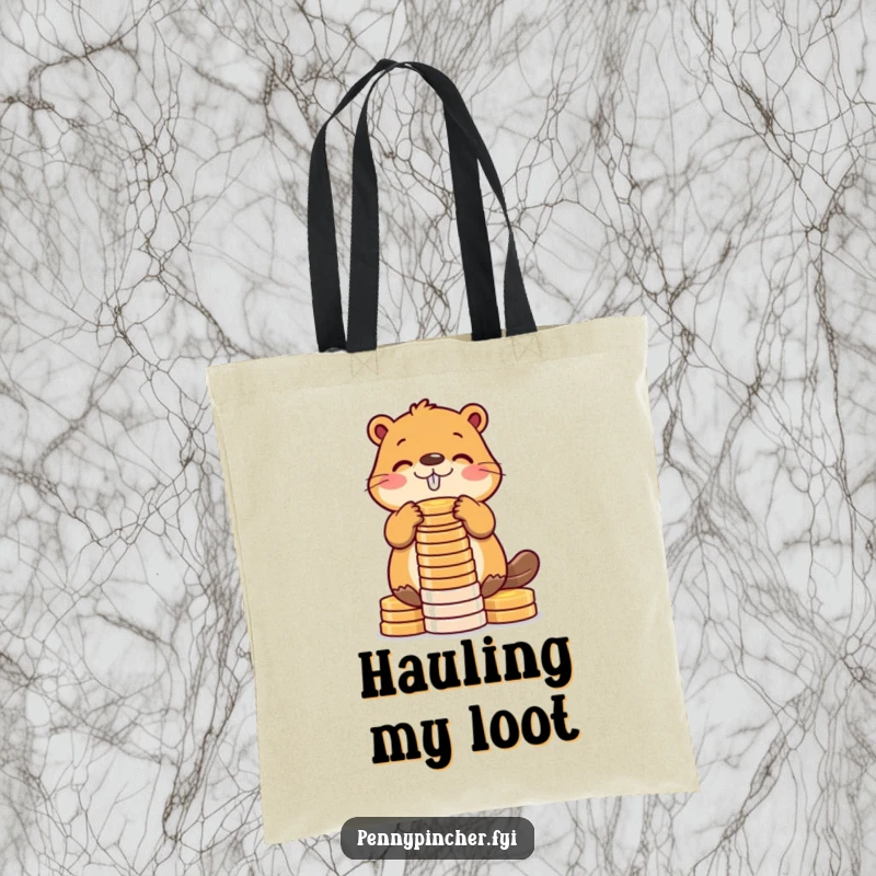 Funny beaver tote bag with a diligent beaver character stacking shiny coins into a tower, perfect for carrying items with a humorous touch.