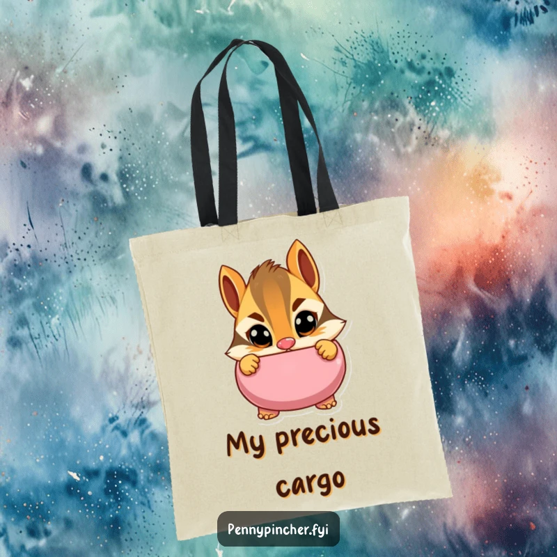 Funny tote bag featuring a cautious chipmunk character peeking into a piggy bank with wide eyes, perfect for carrying items with a humorous, watchful theme.