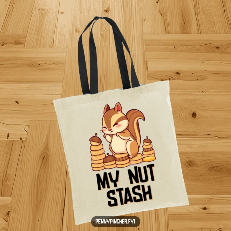 Funny chipmunk character tote bag, diligently stacking acorns into coin shapes, a humorous and practical accessory for organized individuals.