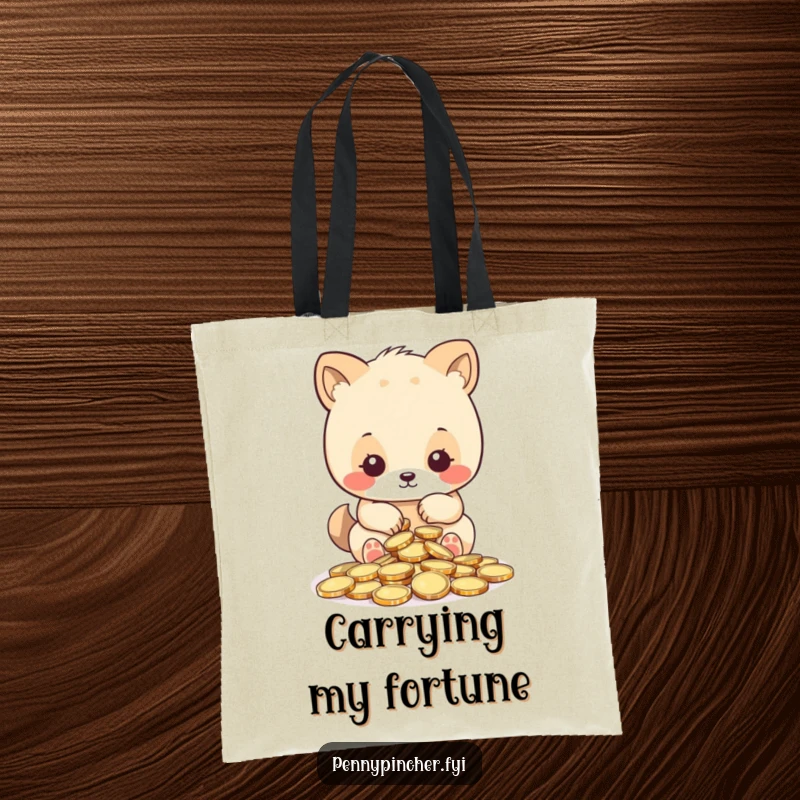 Funny tote bag, animal character meticulously counting shiny coins, symbolizing precision and organization with a humorous design.
