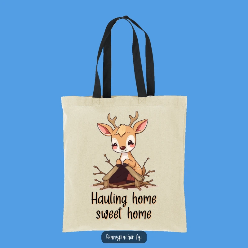 Funny Deer Crafter Tote Bag: Durable bag with a charming deer crafting a twig shelter, a funny gift.