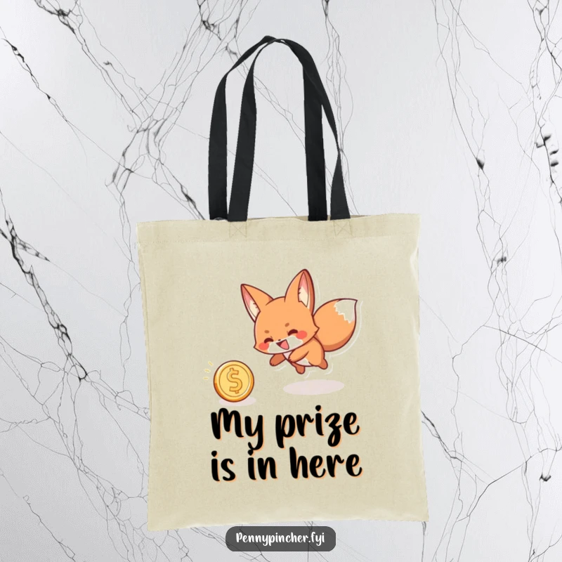Funny tote bag showing a playful fox with a grin, chasing a rolling coin, perfect for carrying daily necessities.