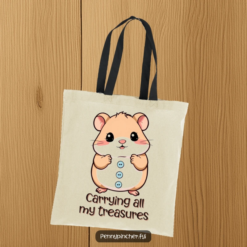 Funny tote bag showcasing a charming hamster character meticulously organizing an abundance of shiny buttons, very cute.