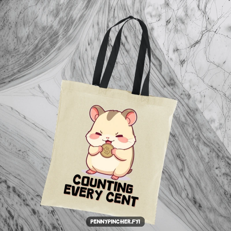 Funny tote bag with a small hamster character nervously clutching a single shiny coin, looking quite protective.