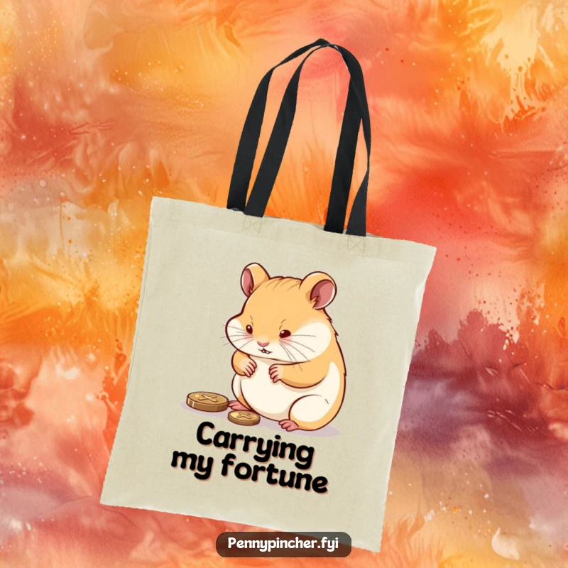 Funny hamster meticulously polishing a shiny penny, a humorous and practical tote bag for achievers.
