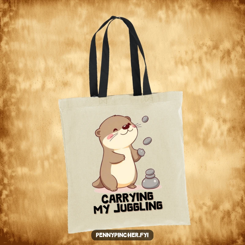 Funny otter tote bag with a playful Kawaii character juggling stones, perfect for stylish shoppers.