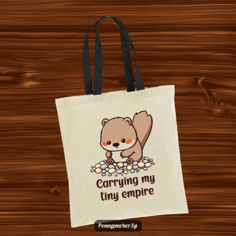 Funny Kawaii beaver tote bag featuring a character meticulously organizing tiny pebbles, ideal for shoppers who appreciate humor and tidiness.