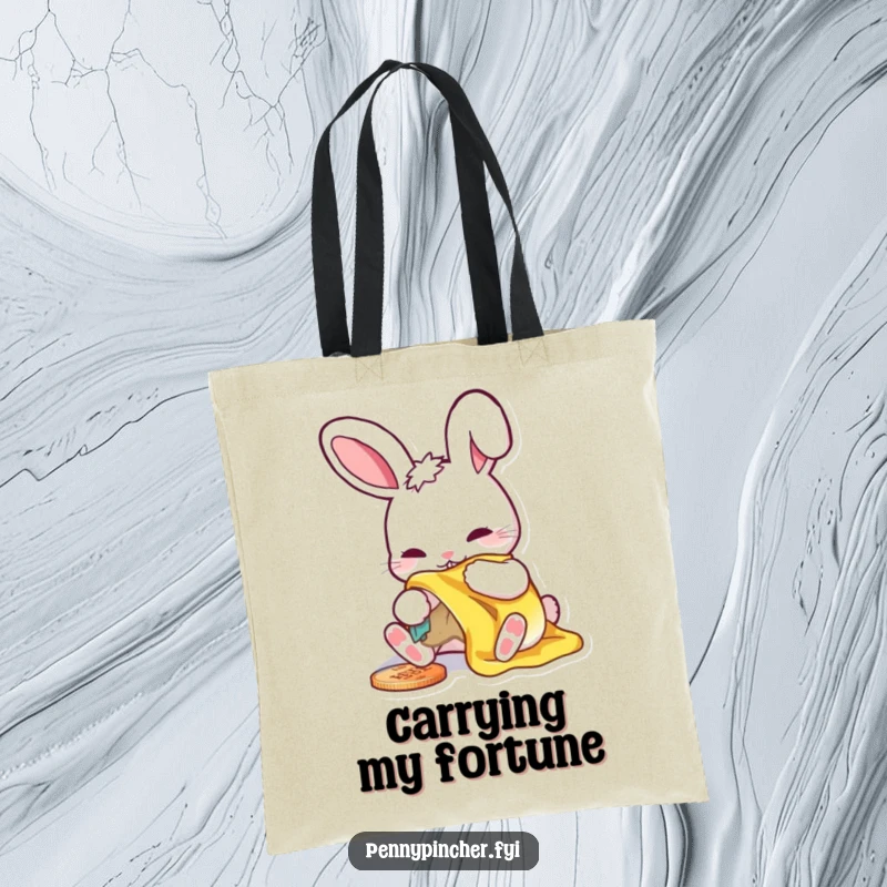 Funny tote bag featuring a rabbit meticulously polishing a small, shiny penny, very cute and practical.