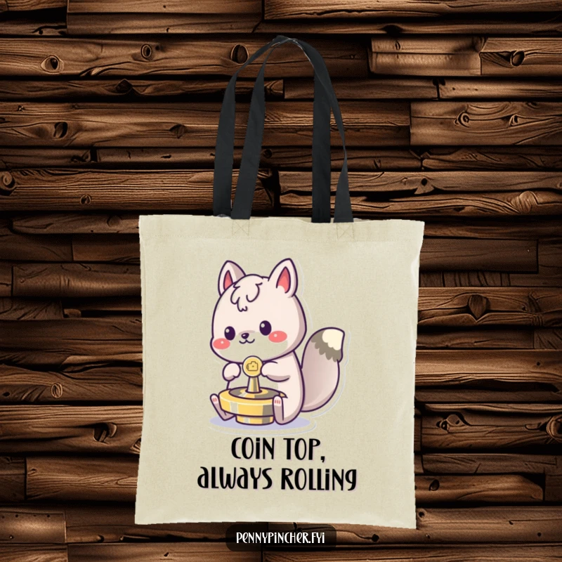 Funny spinning animal tote bag, gleefully playing with a coin as a spinning top, a humorous and practical accessory.