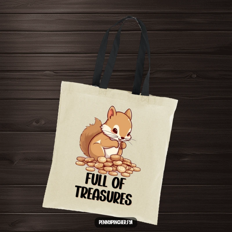 Funny Tote Bag showcasing a determined squirrel meticulously counting a pile of shiny pennies.