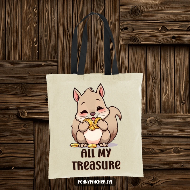 Funny Squirrel Tote Bag: A cheerful squirrel character with its cheeks stuffed full of shining coins, ready to shop.