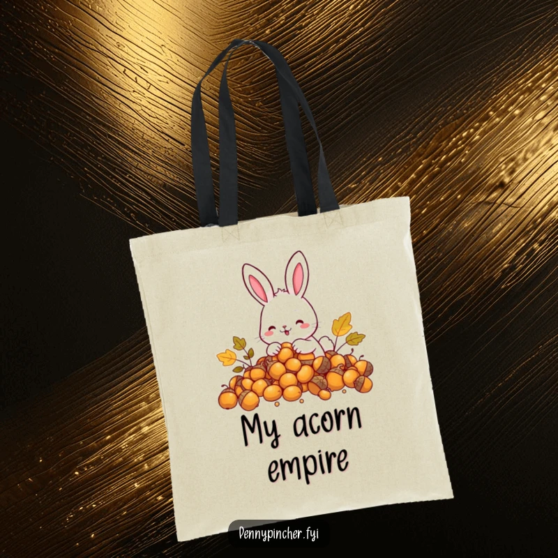 Funny Rabbit Tote Bag: A happy rabbit character counting a pile of golden acorns, ready for any task.