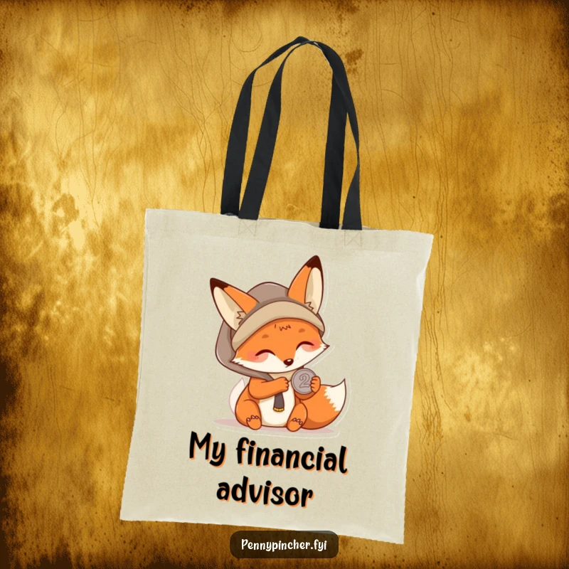 Funny Kawaii fox tote bag featuring a character carefully examining a single coin, designed for practicality and humorous appeal.