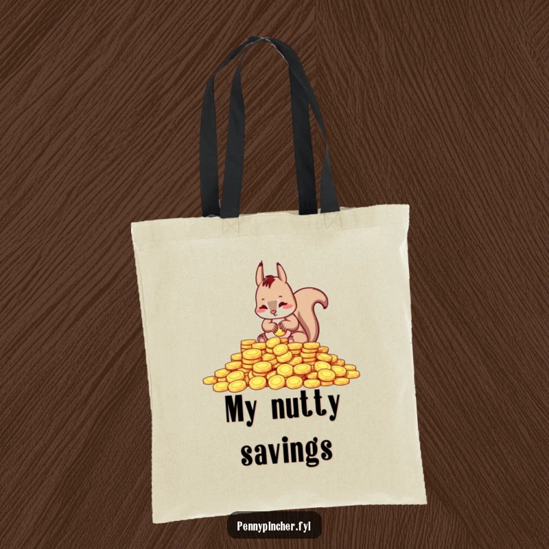 Funny tote bag depicting a squirrel character diligently counting a pile of shiny coins, perfect for carrying essentials with a humorous twist.