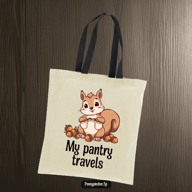 Funny tote bag featuring a squirrel character hoarding acorns with comically oversized pockets, ready for storage.