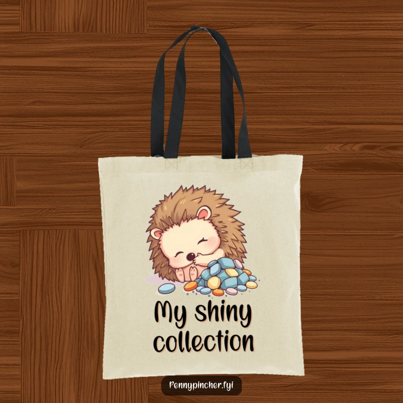 Funny tote bag showing a contented hedgehog curled up with shiny objects, perfect for carrying daily necessities.